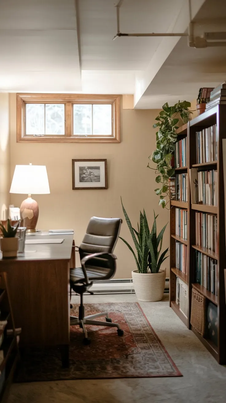 Cozy Basement Office with Warm Light and Books
