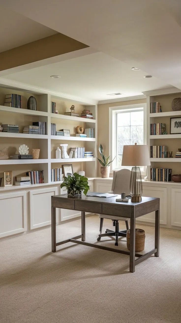 Cozy Basement Office with Beige Decor and Shelves