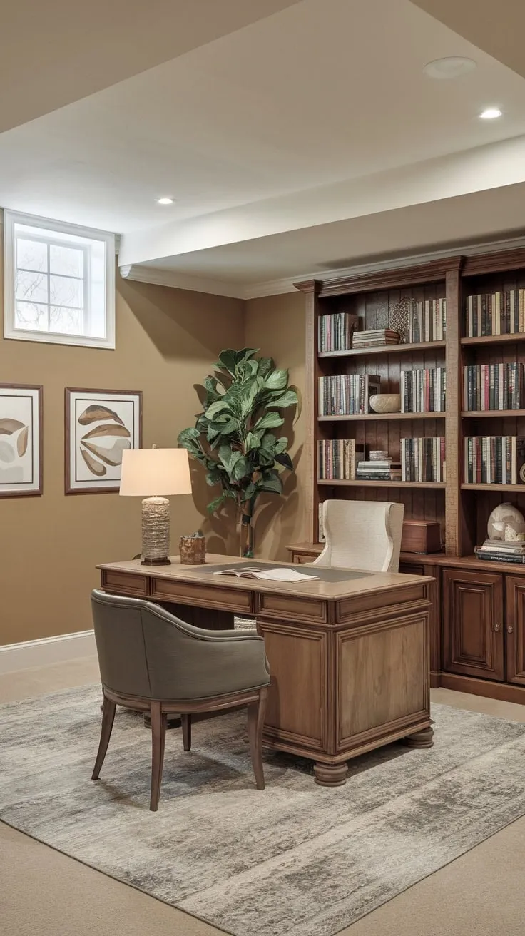 Cozy Basement Office with Books and Greenery
