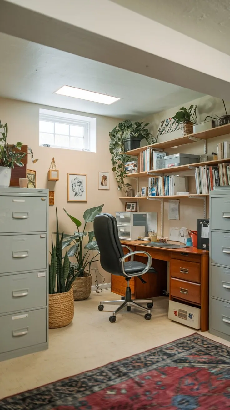 Cozy Basement Office Filled with Furniture and Plants