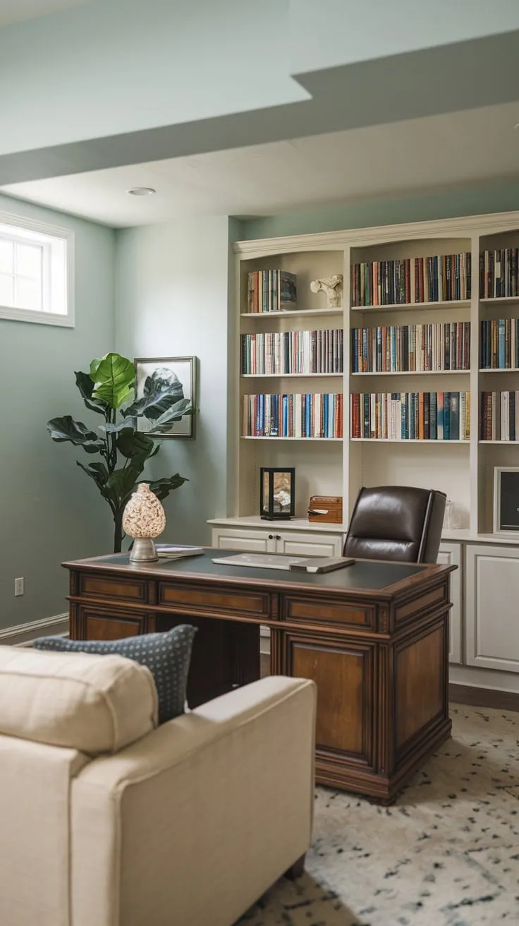 Cozy Basement Office with Beige Couch and Bookshelf