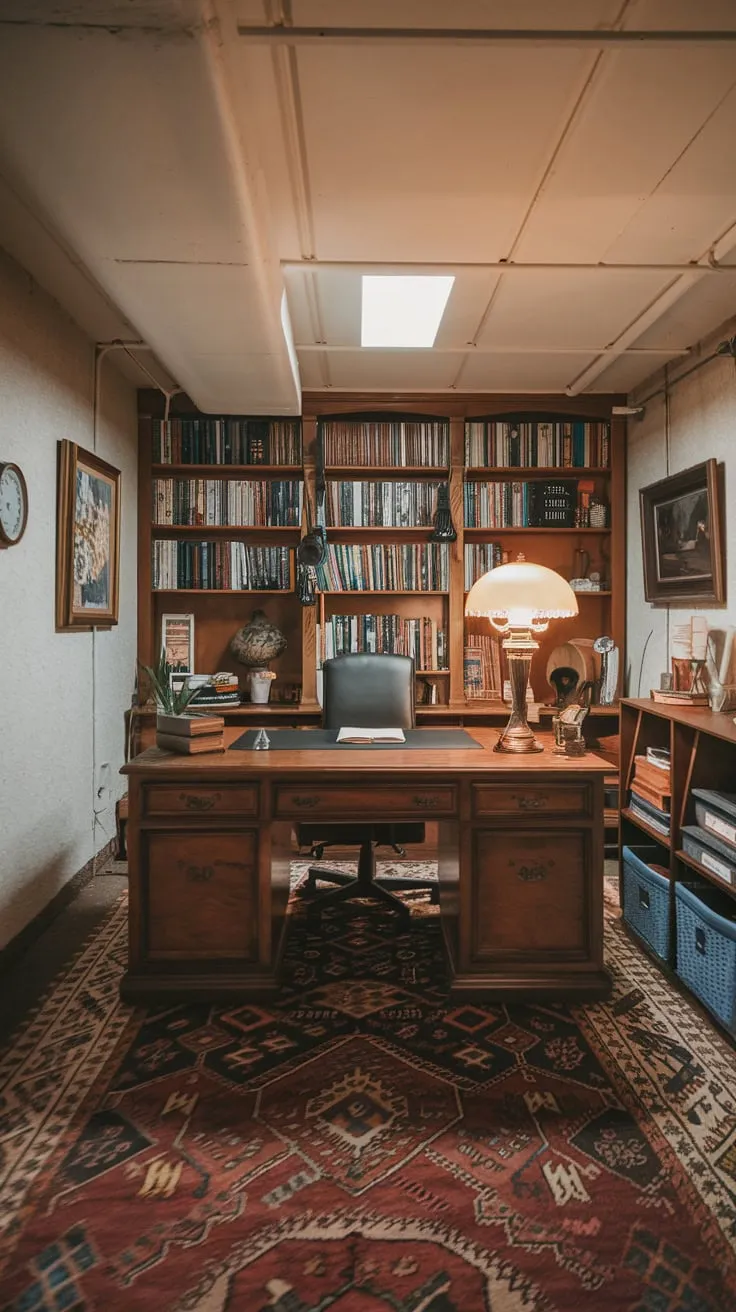 Cozy Basement Office with Vintage Charm and Books