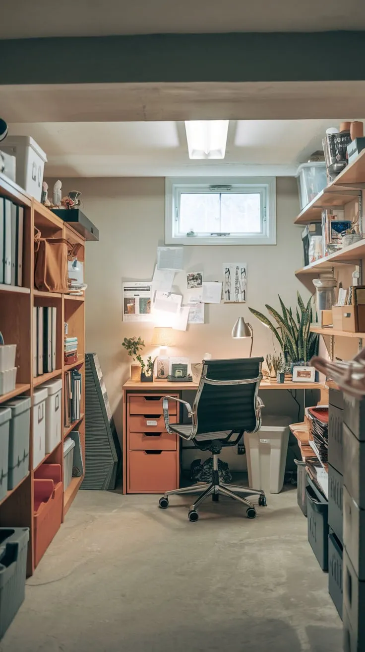 Cozy Basement Office Filled with Furniture and Decor