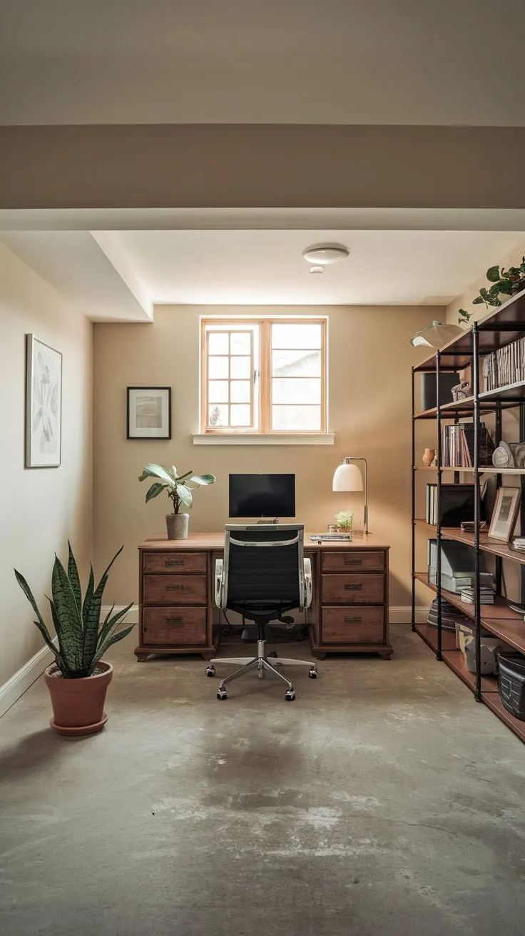 Beige Basement Office with Desk and Potted Plant