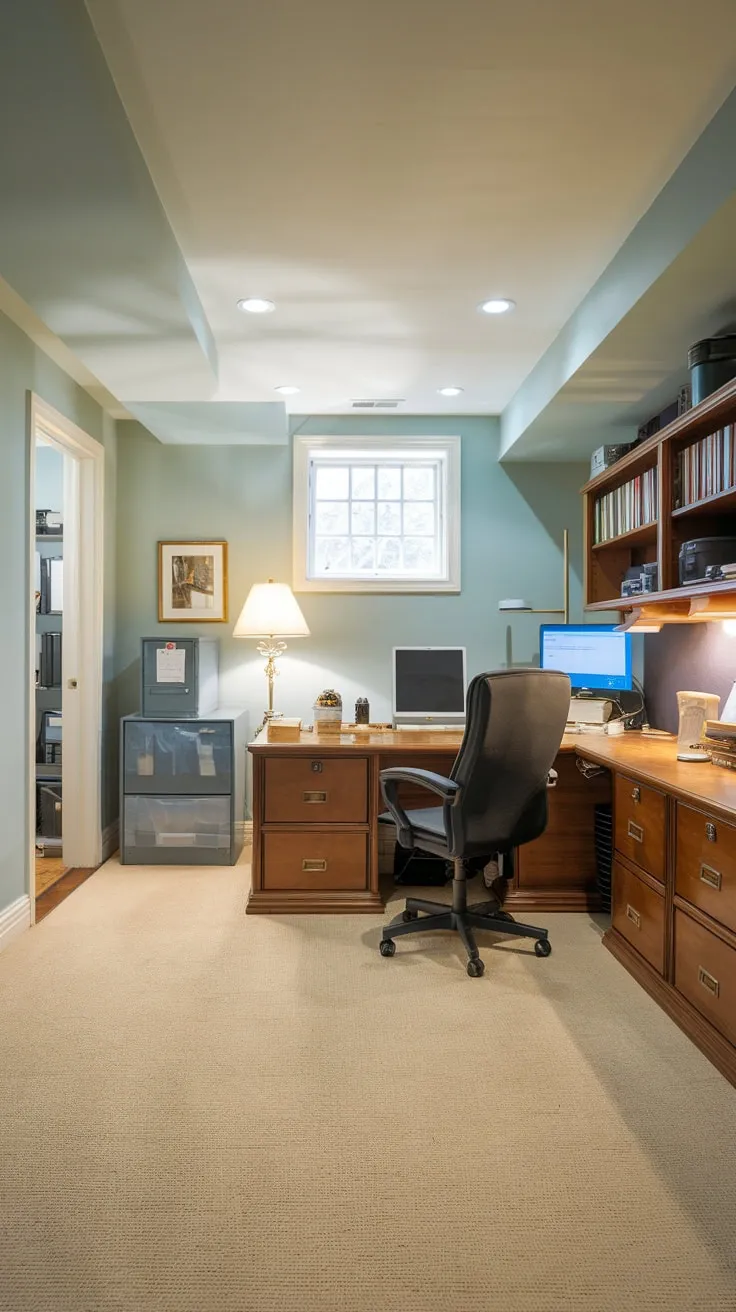 Cozy Basement Office with Light Blue Walls