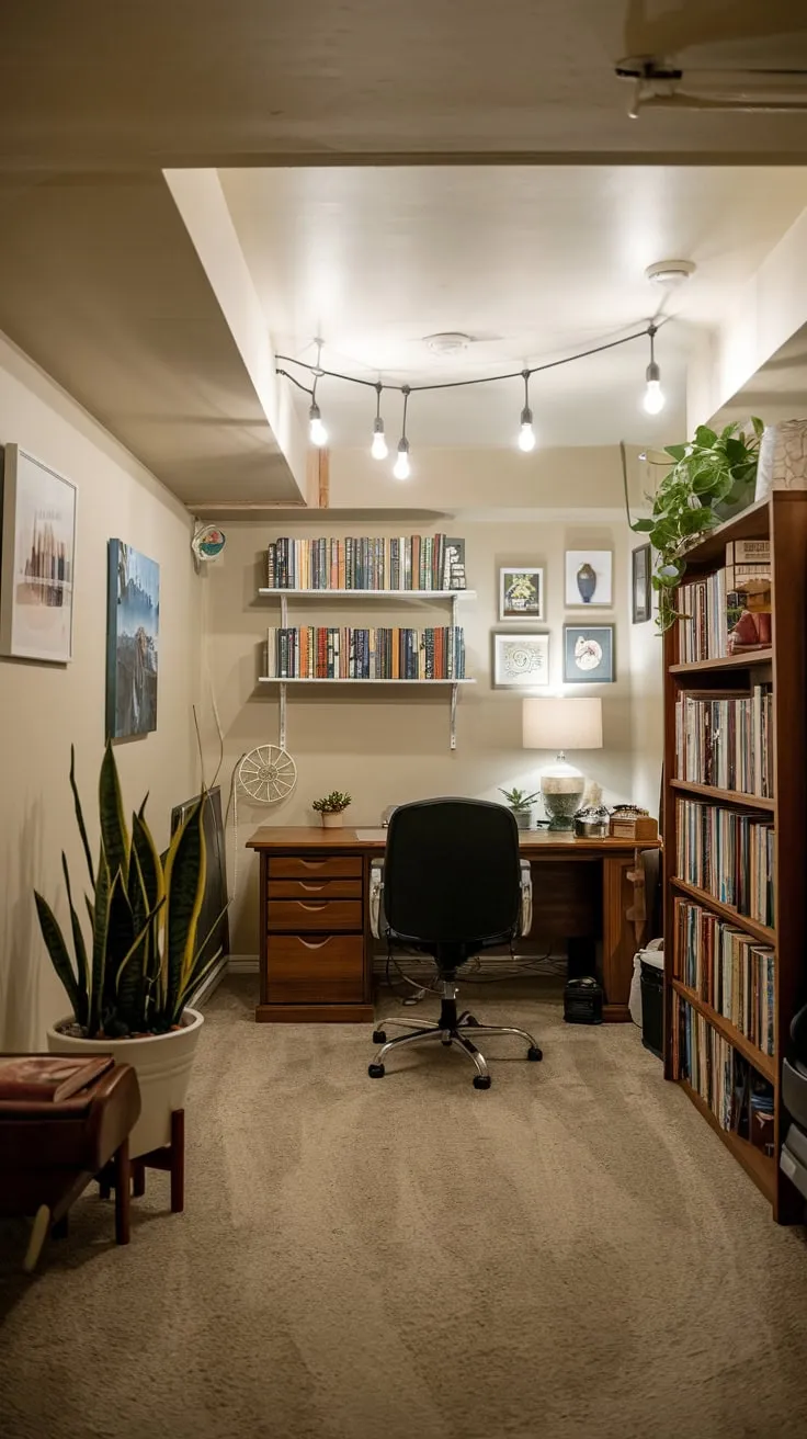 Cozy Basement Office with Books and Natural Light