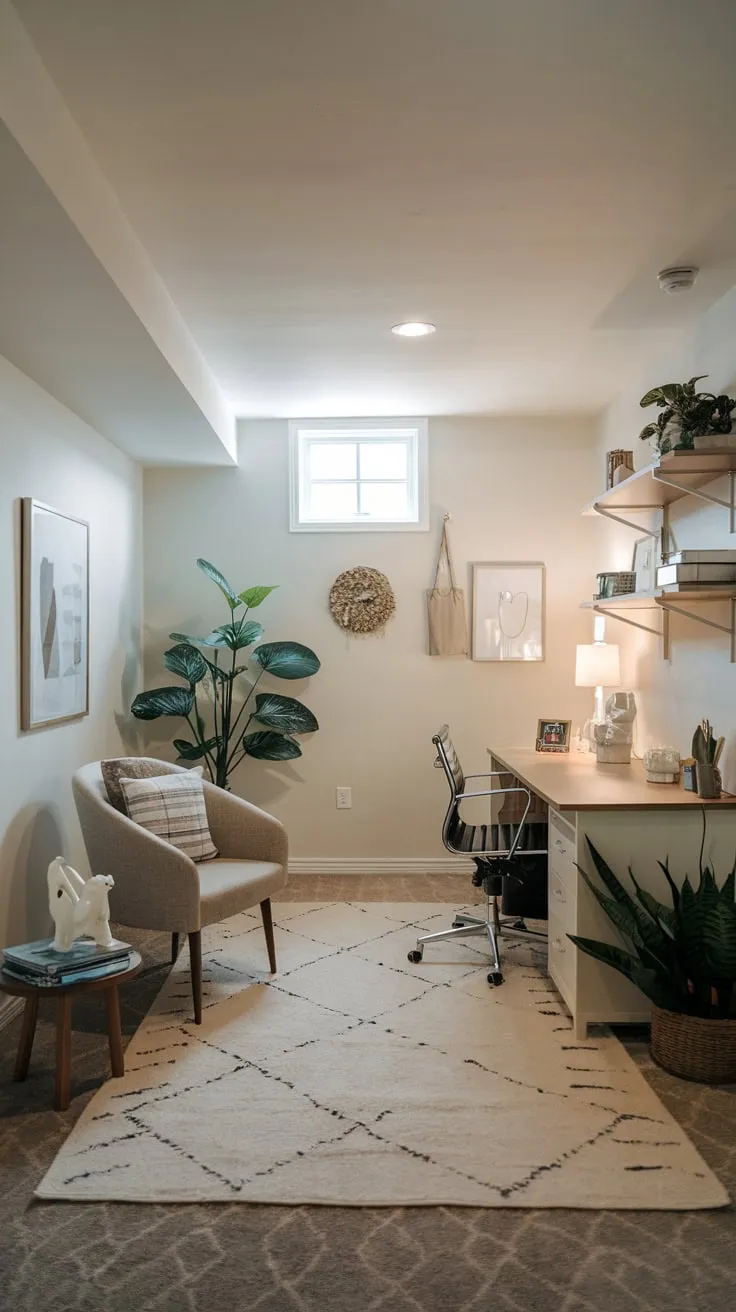 Cozy Basement Office with Light Colors and Decor