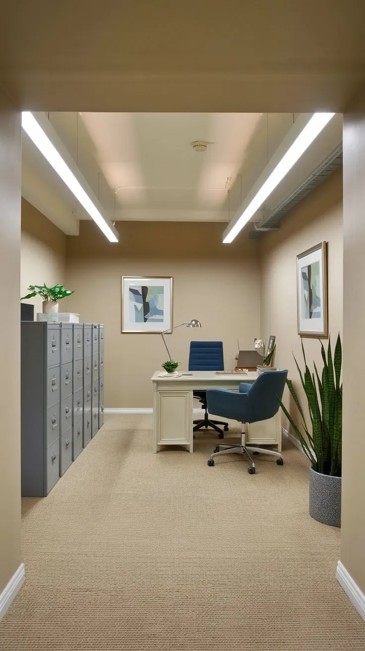 Brightly Lit Basement Office with Beige Decor Elements