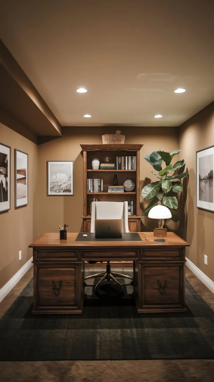 Cozy Basement Office with Warm Lighting and Decor