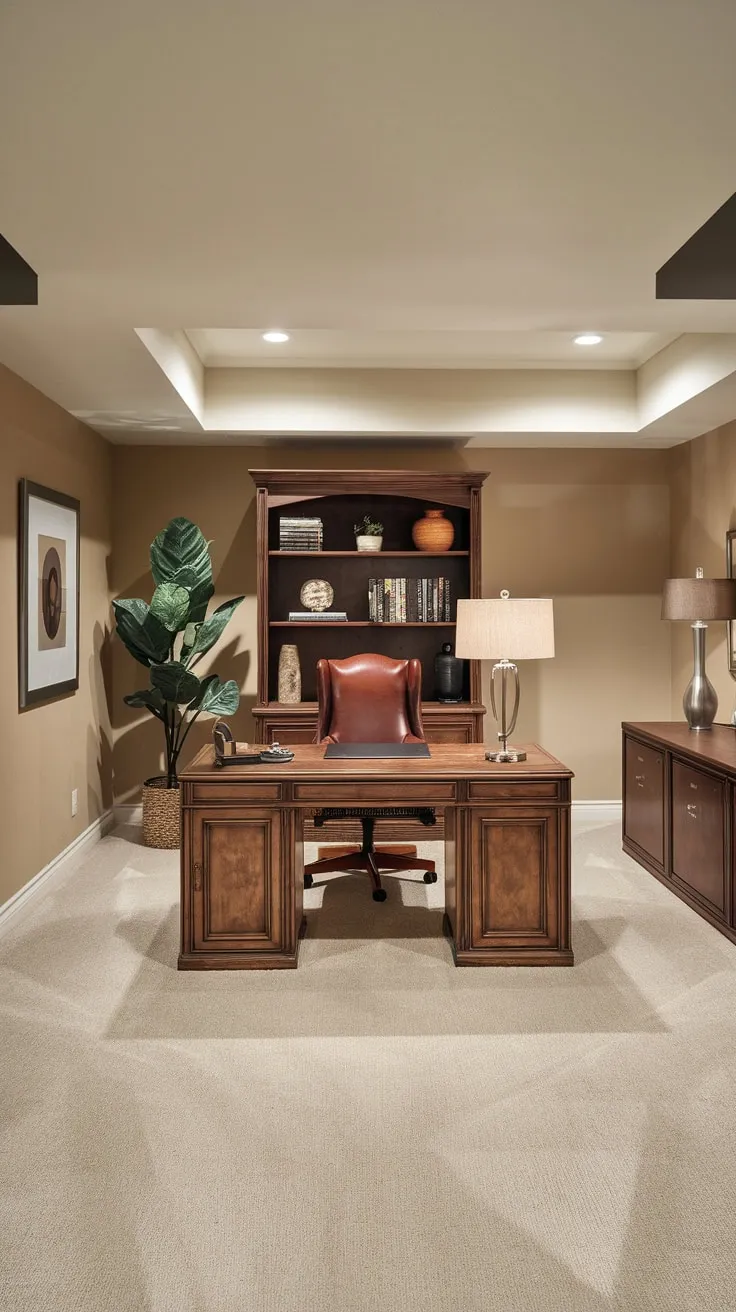 Cozy Basement Office with Warm Beige Decor Elements