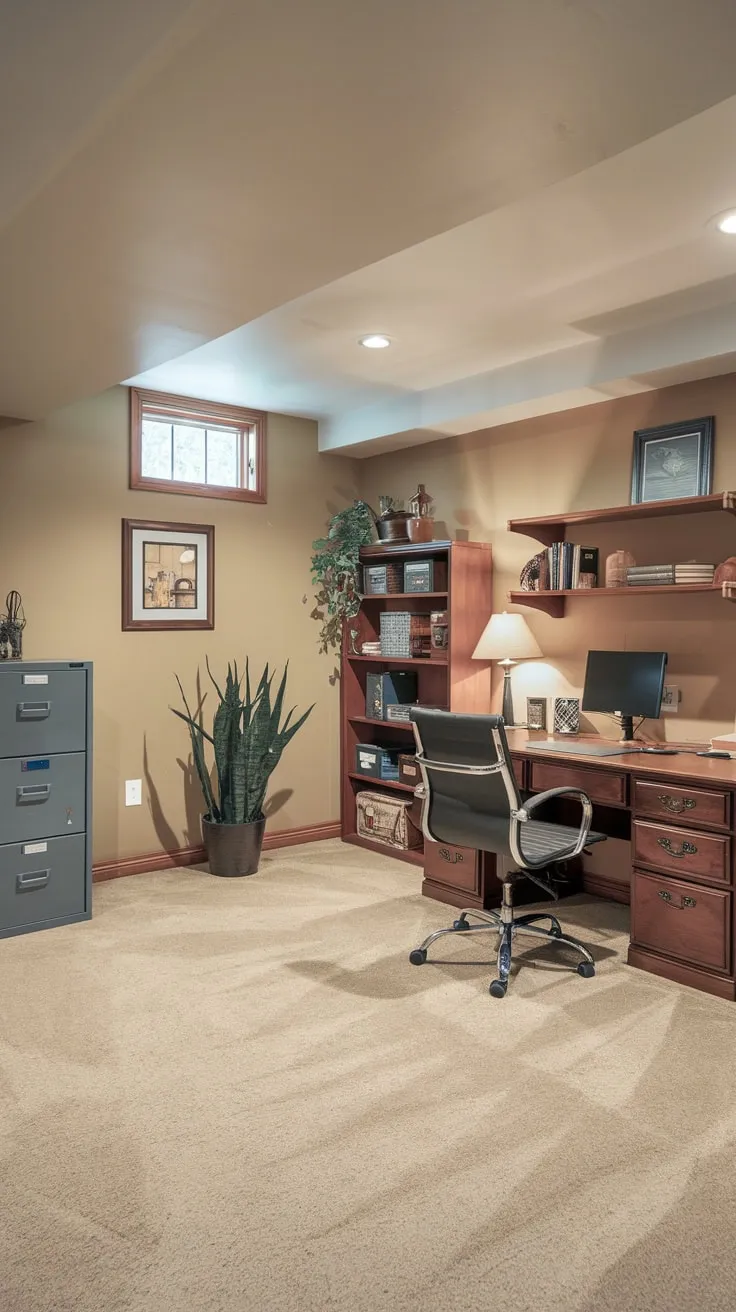 Cozy Basement Office with Beige Decor and Furniture