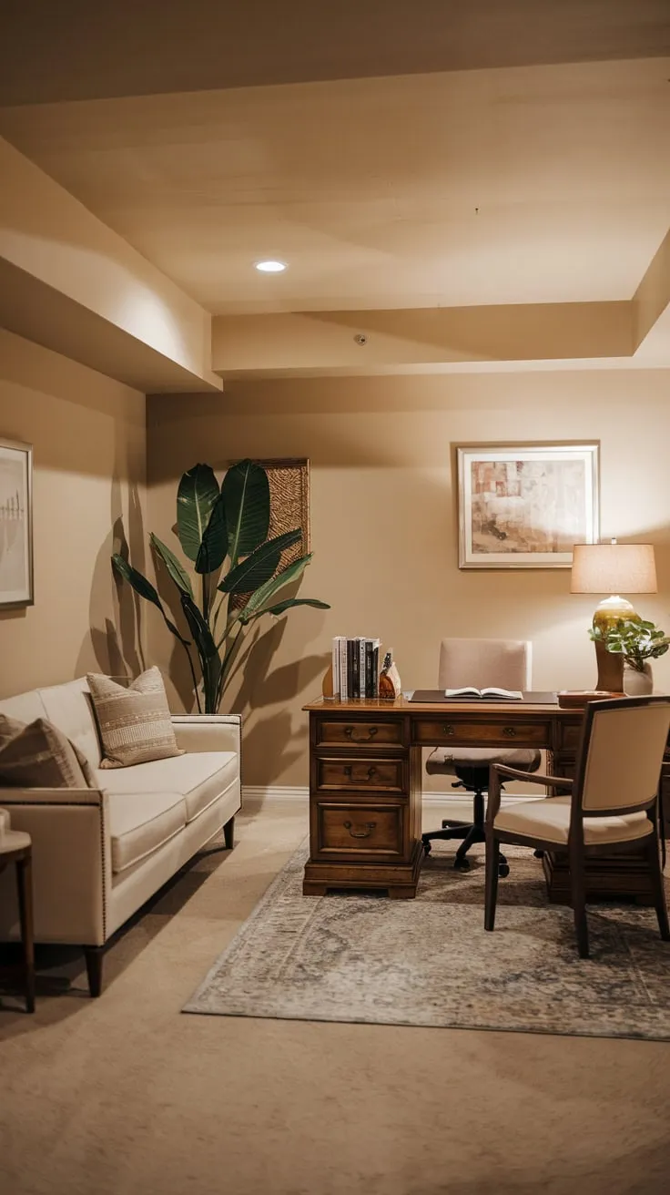 Cozy Basement Office with Warm Lighting and Decor