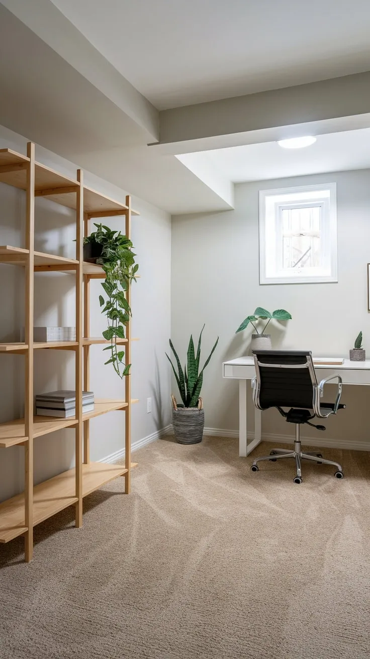 Modern Basement Office with Stylish Decor and Comfort