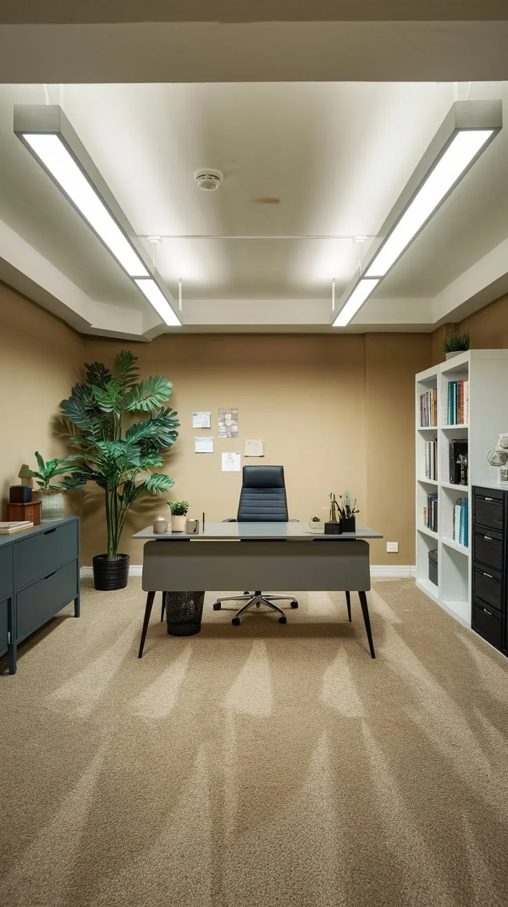 Brightly Lit Basement Office with Cozy Personal Touches