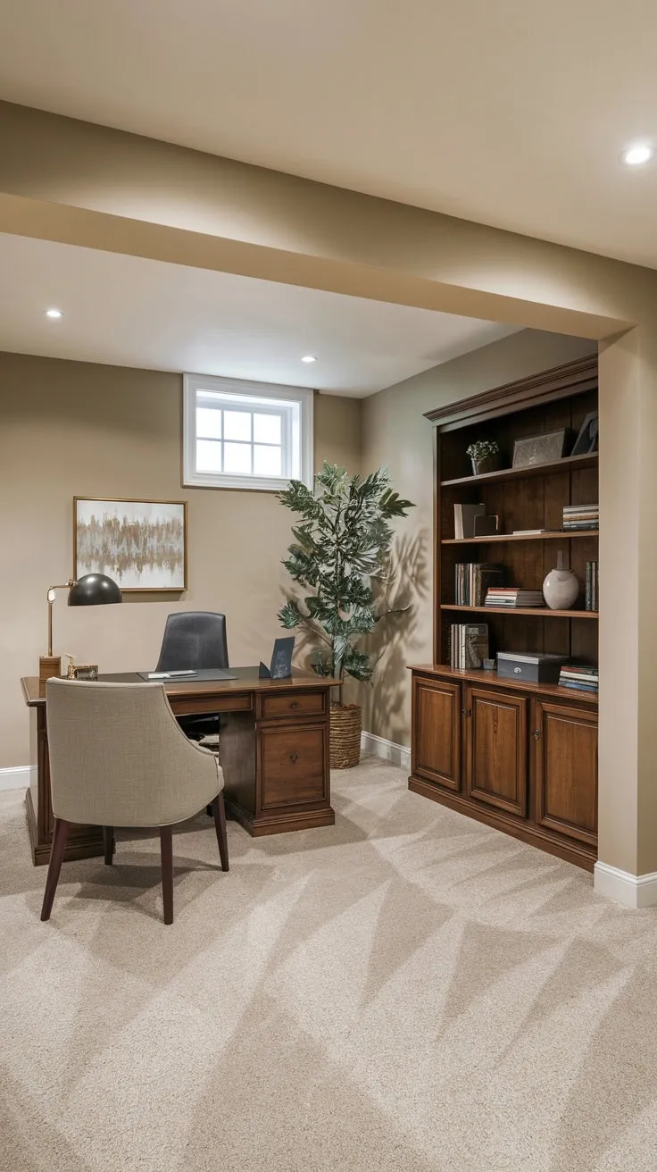 Cozy Basement Office with Beige Decor and Plant