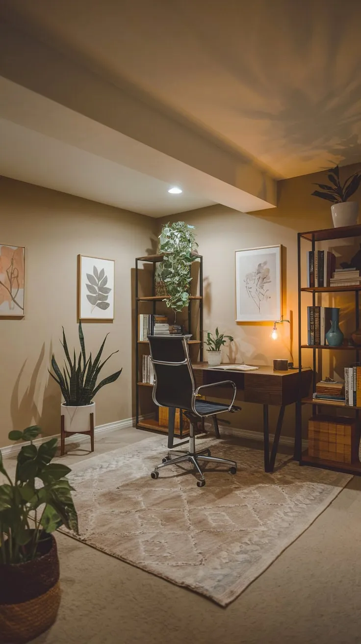 Cozy Basement Office with Warm Lighting and Plants