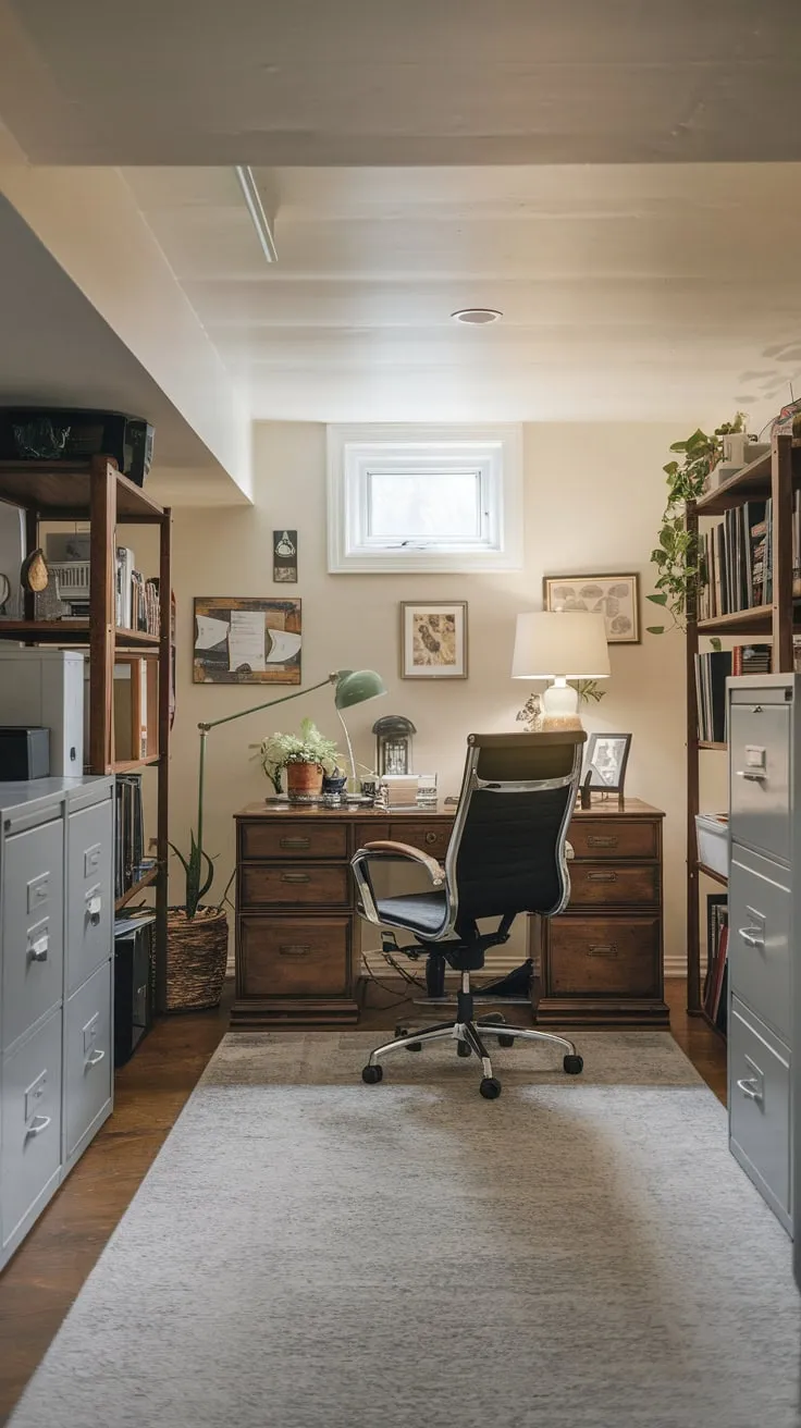 Cozy Basement Office Filled with Furniture and Light