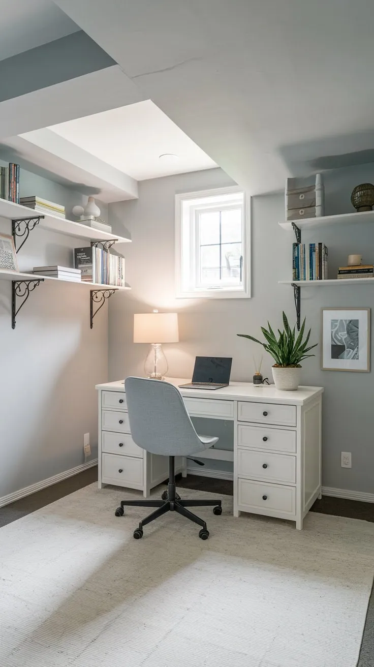 Cozy Basement Office with Light Gray Decor Elements