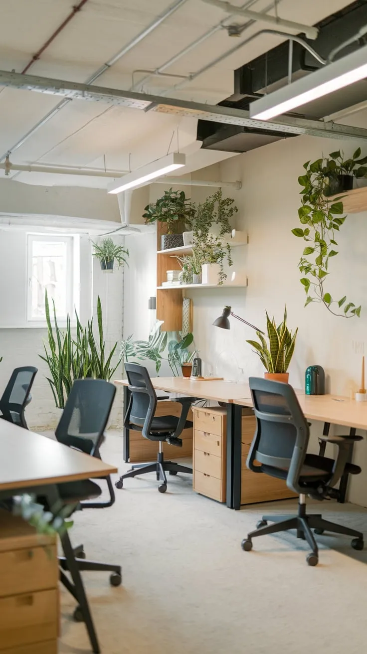 Stylish Modern Basement Office with Inviting Co-Working Space