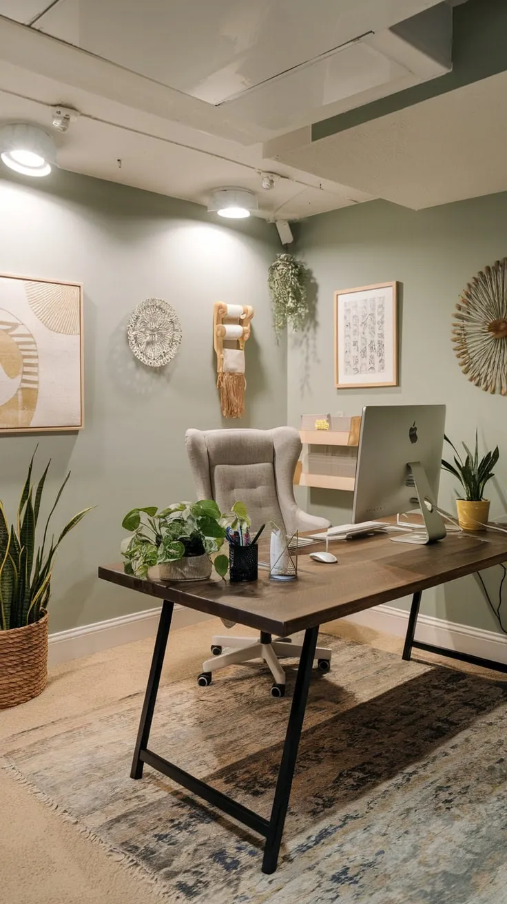 Cozy Modern Basement Office with Stylish Decor Elements