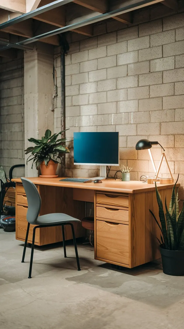 Stylish Modern Basement Office with Exposed Brick Walls