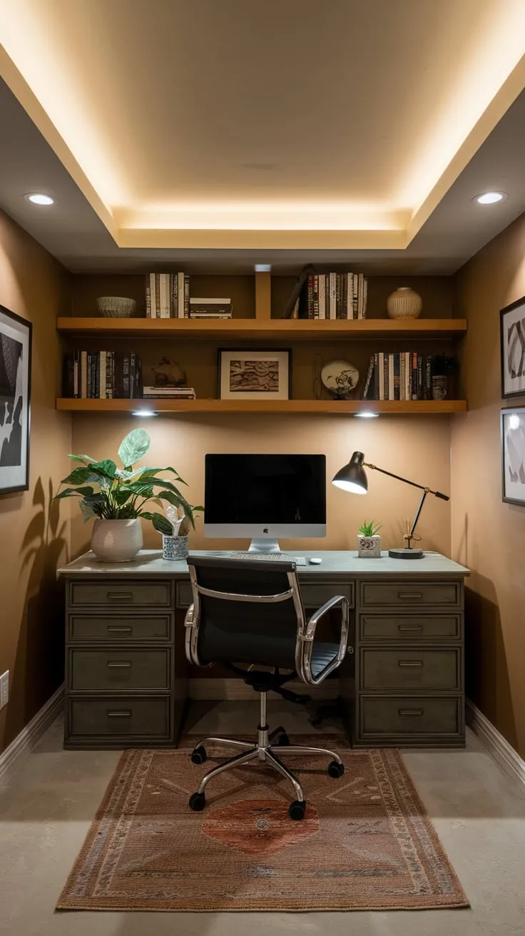 Stylish Modern Basement Office with Cozy Warm Accents