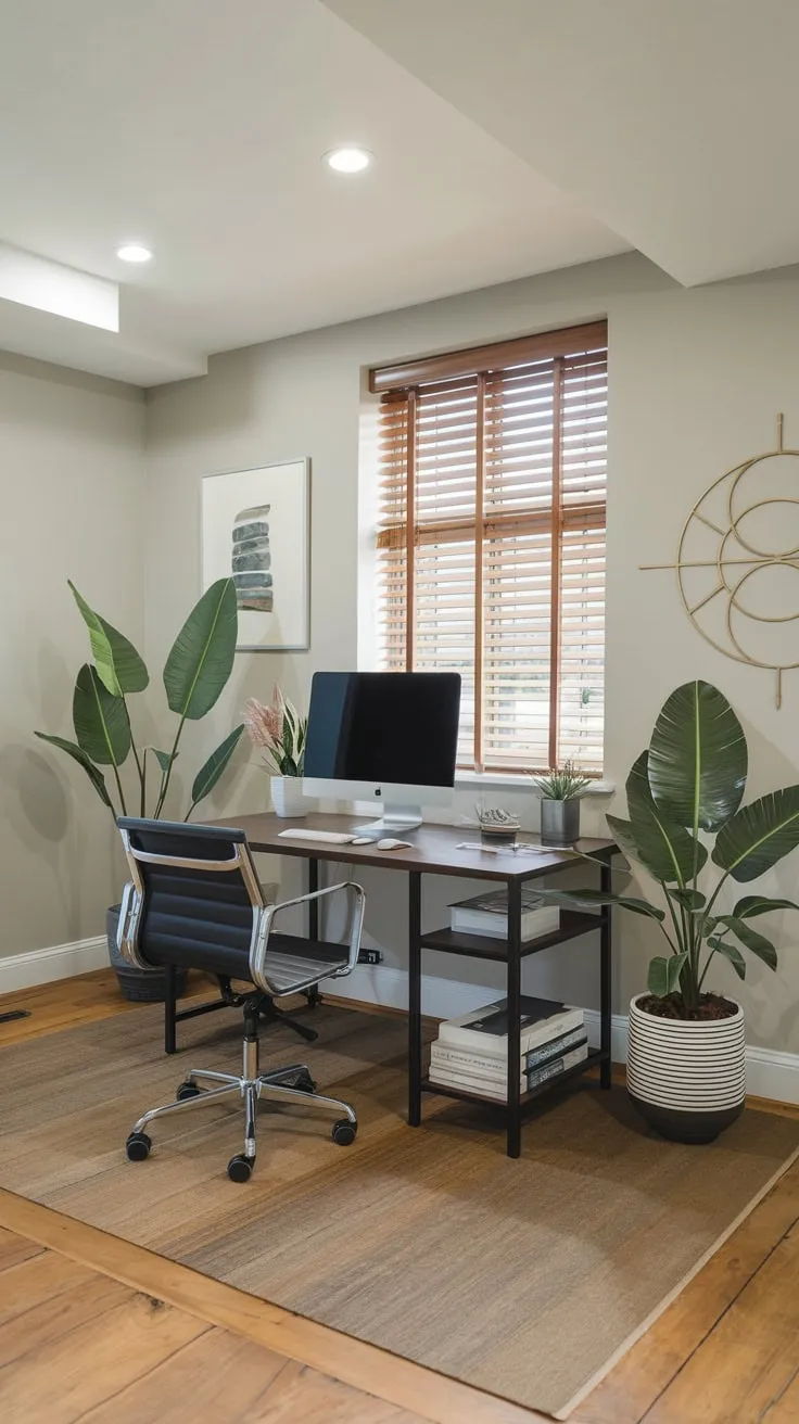Stylish Modern Basement Office with Natural Elements