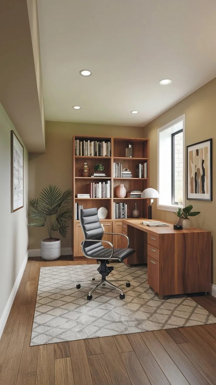 Cozy Modern Basement Office with Bright Lighting