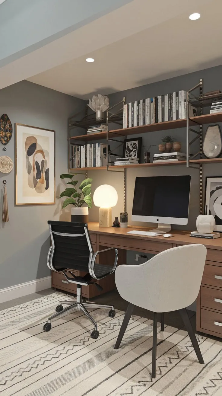 Sleek Modern Basement Office with Stylish Decor Elements