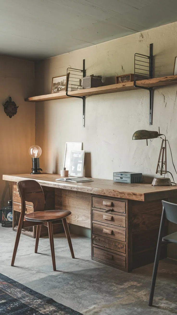Modern Basement Office Blending Rustic Charm and Functionality