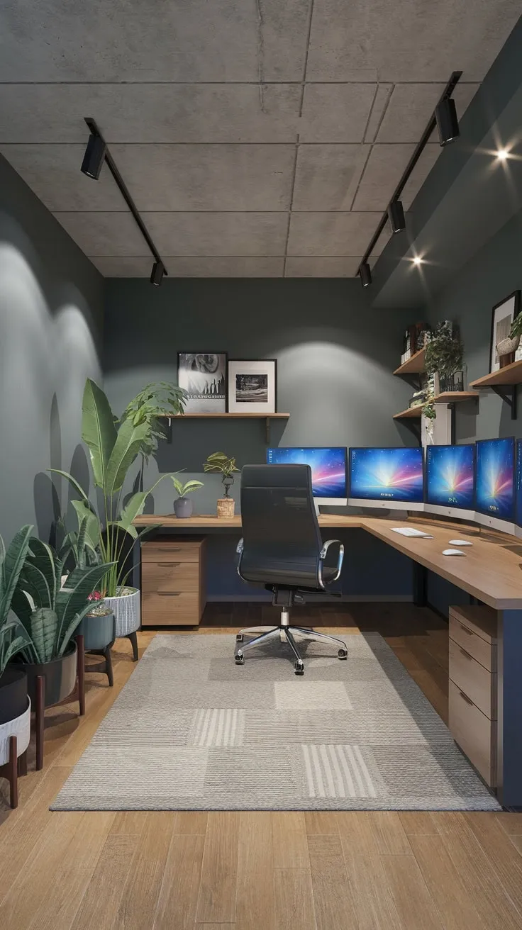 Sleek Modern Basement Office with Concrete and Wood