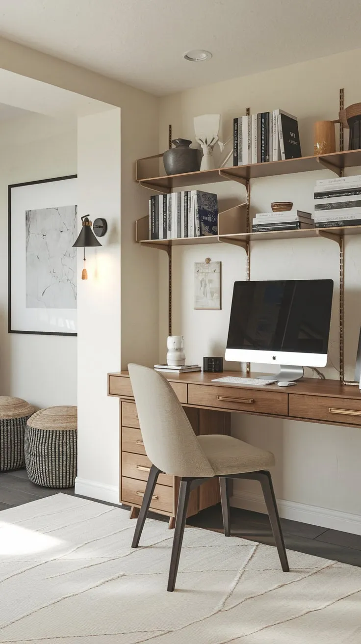 Stylish Modern Basement Office with Cozy Furniture Setup