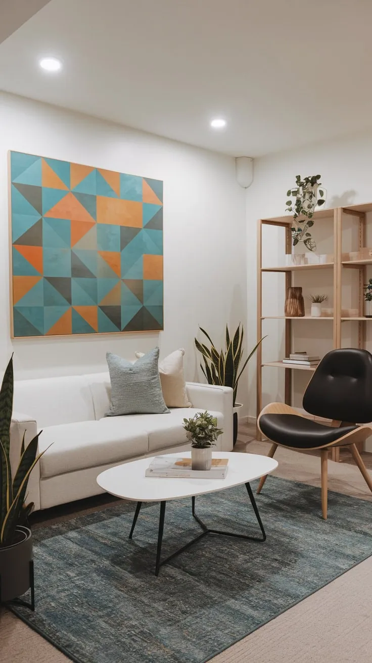 Modern Minimalist Basement Office with Geometric Art