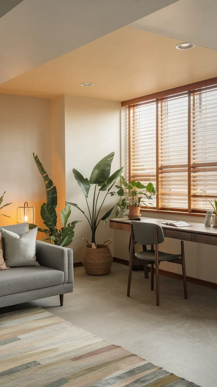 Stylish Modern Basement Office with Warm Ambiance