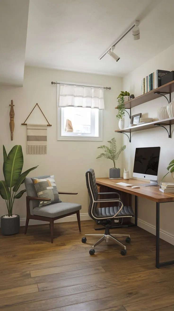 Stylish Modern Basement Office with Cozy Decor Elements