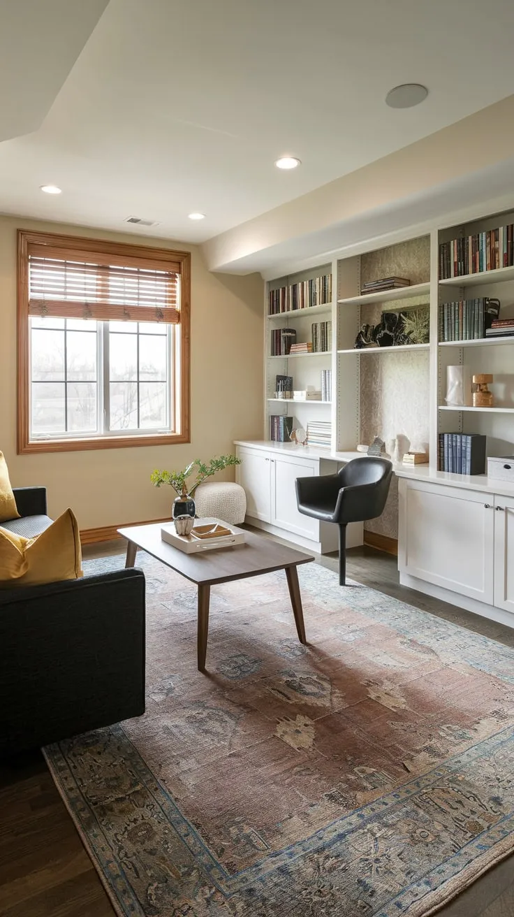 Stylish Modern Basement Office with Cozy Design Elements