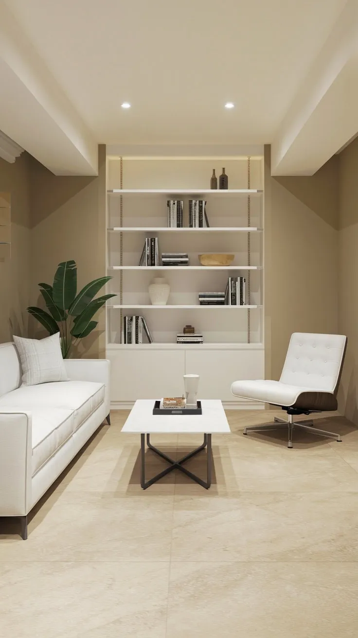 Sleek Minimalist Basement Office with Bright Aesthetic