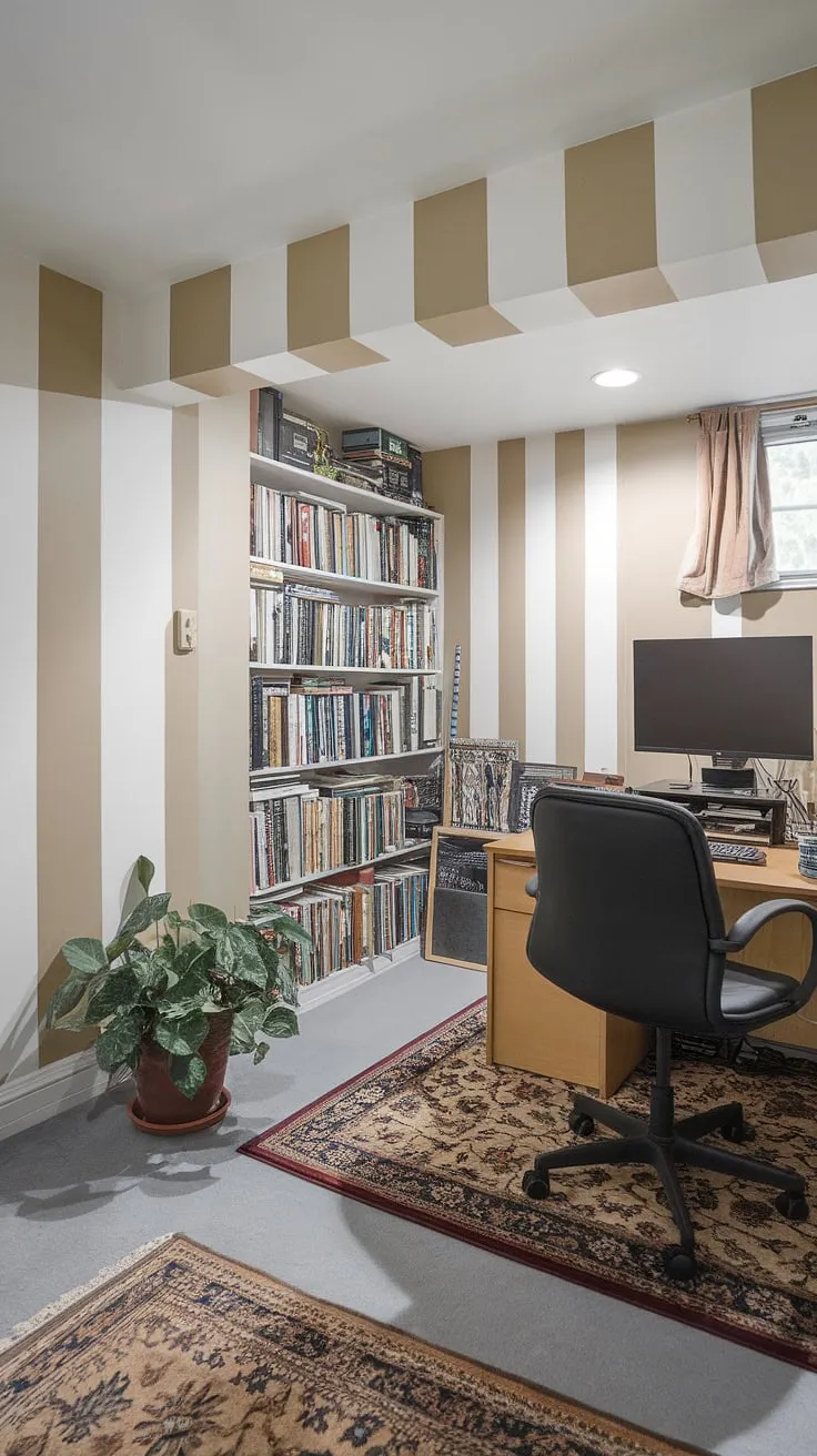 My cozy basement office is my sanctuary for work from home.  The striped walls and curated office setup create a calming creative space, while the ergonomic workspace ensures comfort during long hours of remote work. This basement office, a result of thoughtful basement renovation, is the perfect blend of functionality and style, showcasing effective workspace organization in a productive home office.