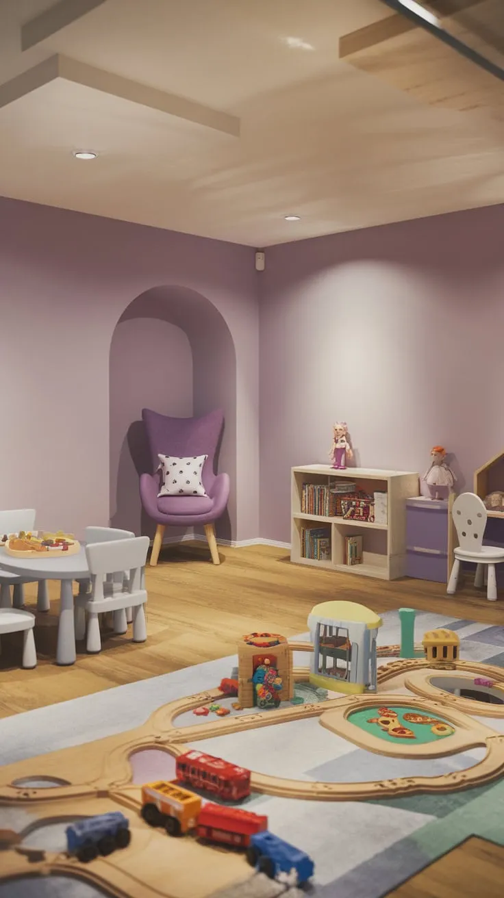 A charming basement playroom features soft purple walls, wooden floors, and a collection of toys and furniture creating a perfect space for imaginative play.