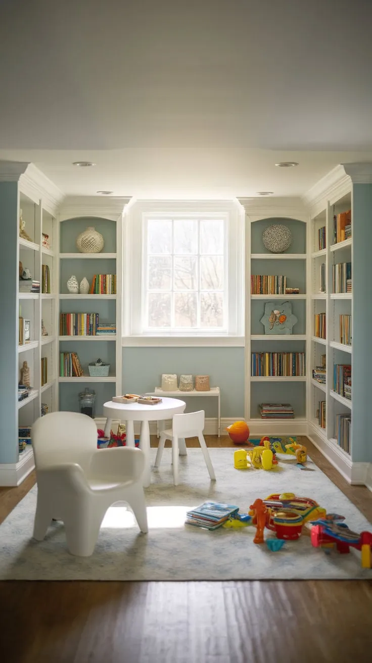 A light blue playroom basement bathed in natural light features a cozy rug, colorful toys, and built-in shelves overflowing with books and treasures