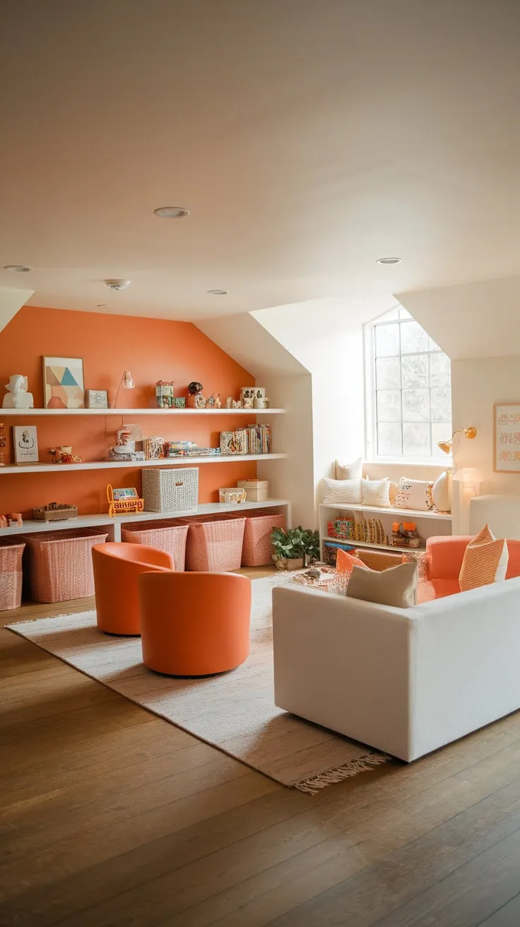 A modern basement playroom boasts an orange accent wall, natural light, and ample toy storage, creating a cheerful and inviting space for kids.
