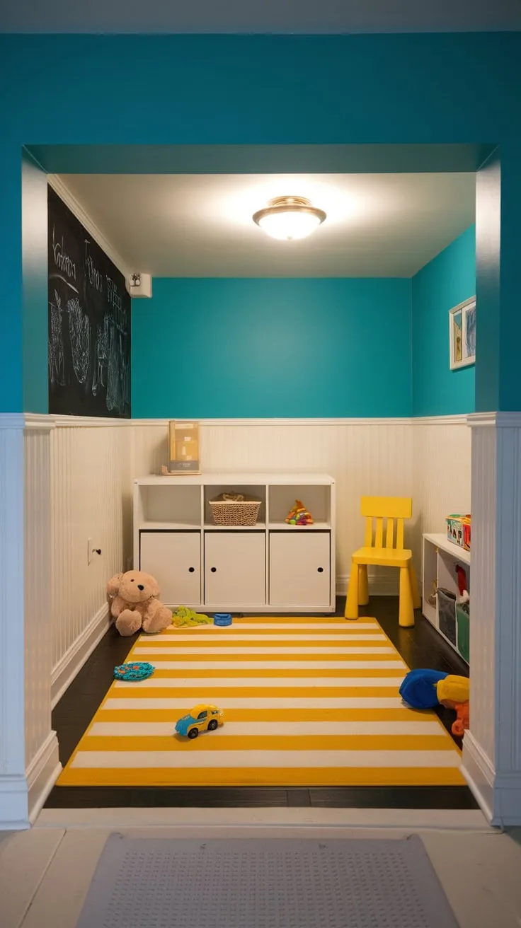 A bright turquoise and white basement playroom, complete with cheerful yellow accents and scattered toys, offers a fun and imaginative space for kids.