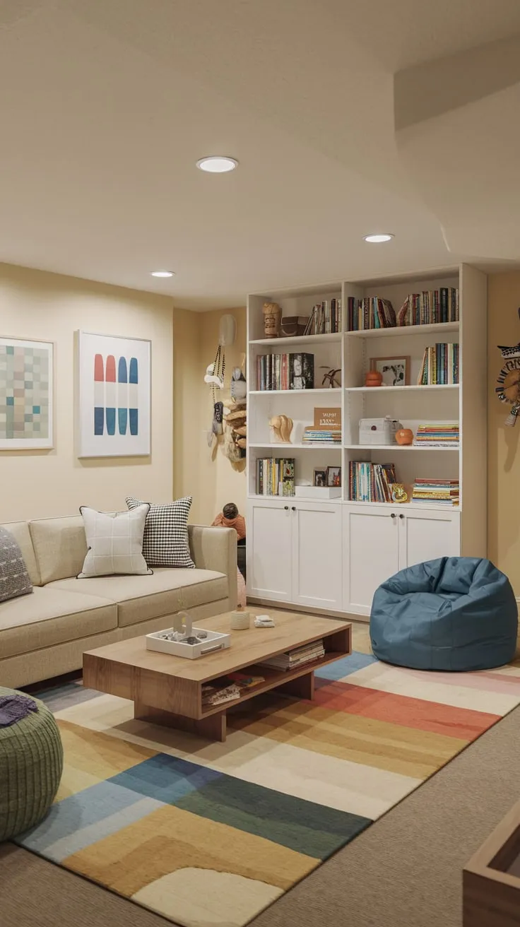 Bright Modern Basement Playroom with Cozy Decor