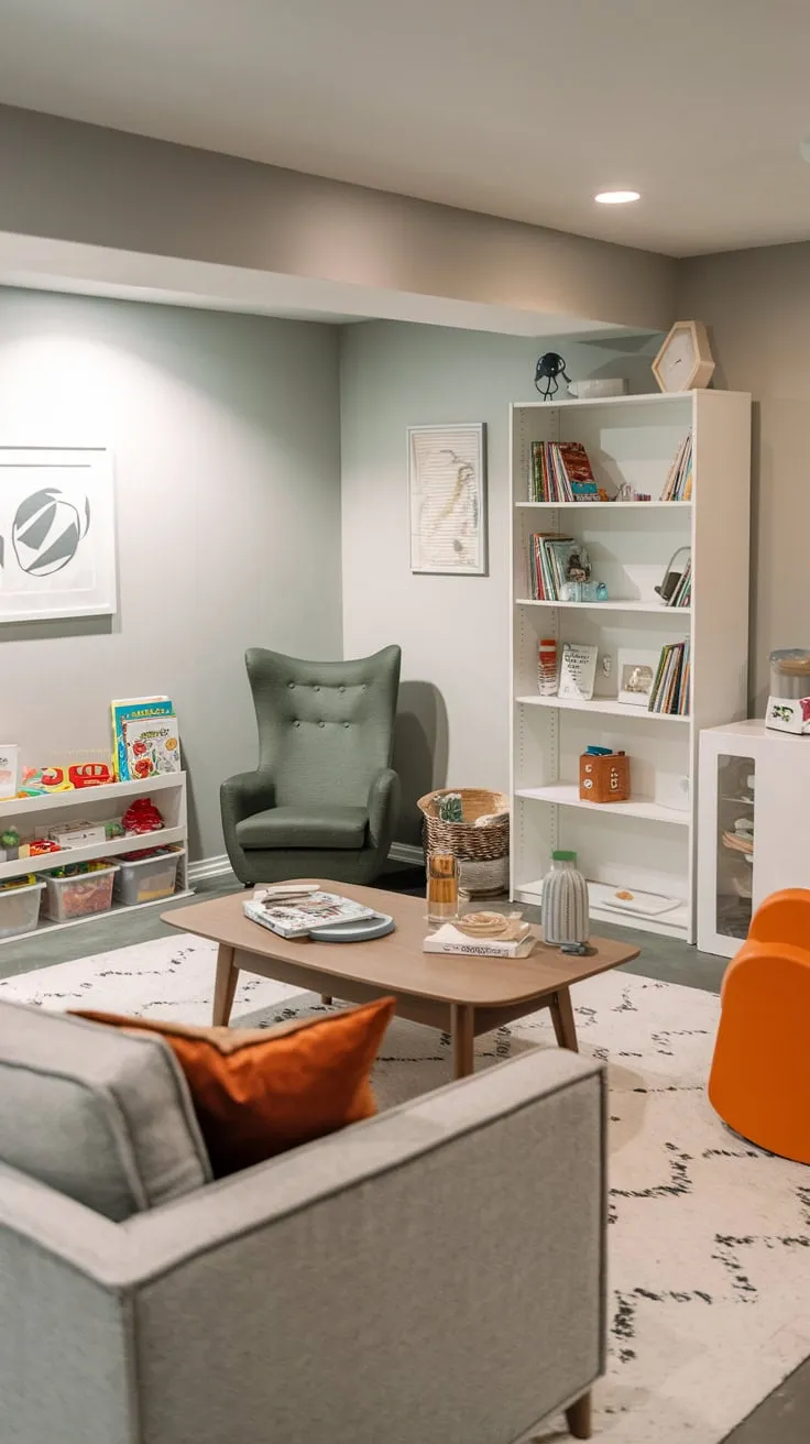 Bright Modern Basement Playroom with Colorful Furniture