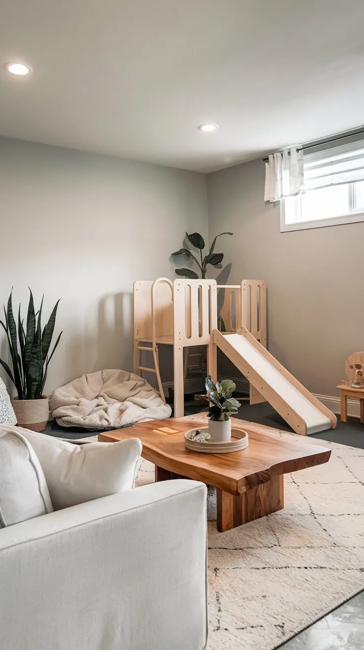 Chic Basement Playroom Featuring Cozy Sofa and Toys