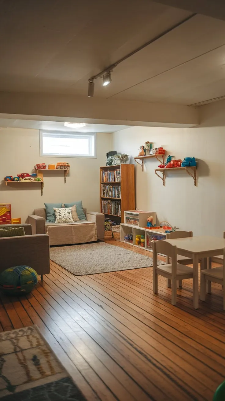 A bright basement playroom boasts a wooden floor, comfy seating, toy-filled shelves, and a cheerful rug, perfect for imaginative play