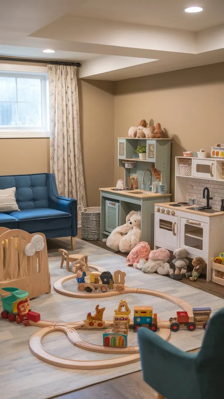 A cozy basement playroom offers imaginative fun with a train set, stuffed animals, play kitchen, and comfy seating.