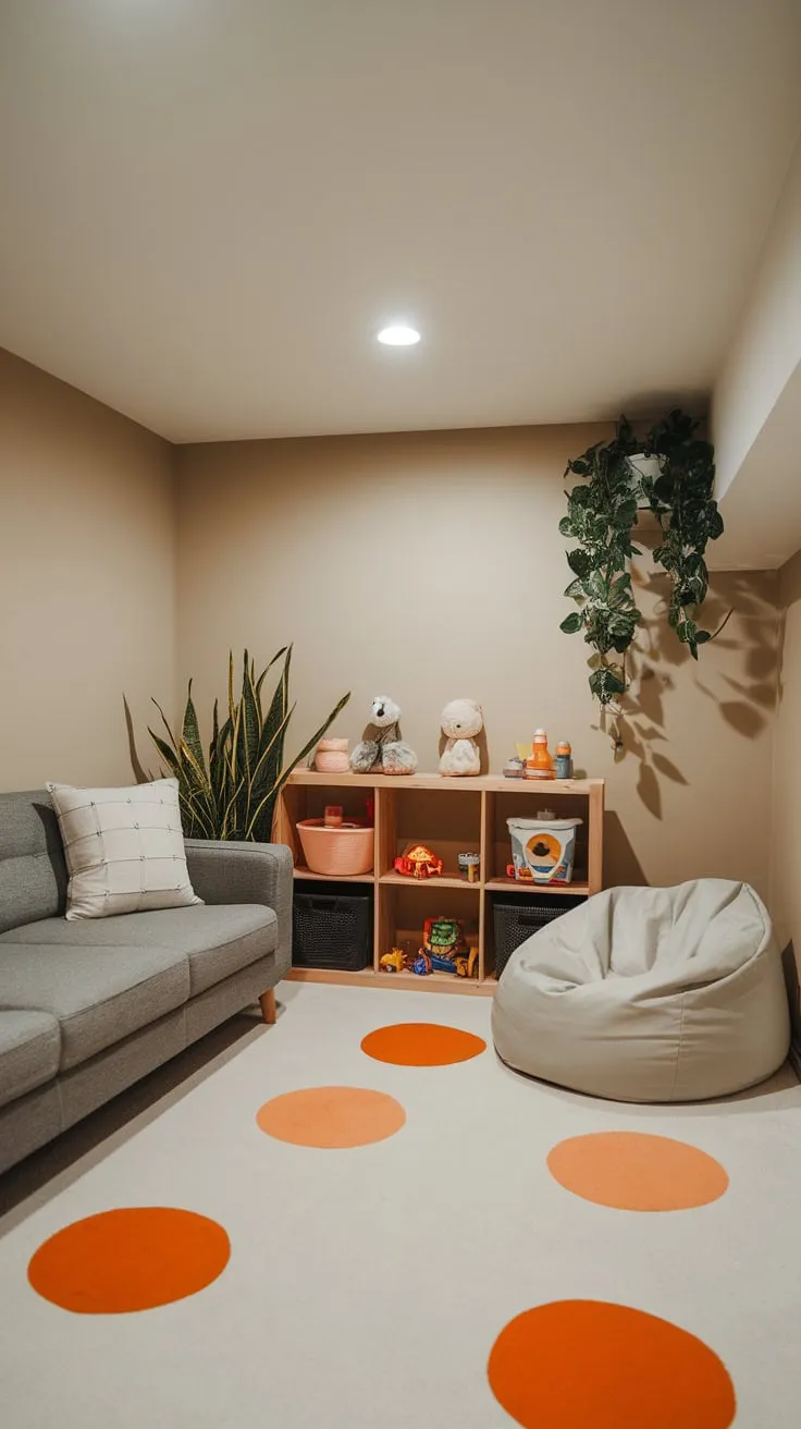A basement playroom transformed with a gray sofa, white beanbag, and cheerful pops of orange and green creates a fun and inviting space for kids.