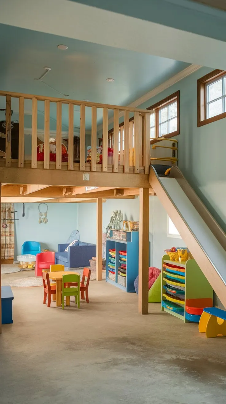 A light blue basement playroom features a wooden loft with a slide, colorful furniture, and toys galore.