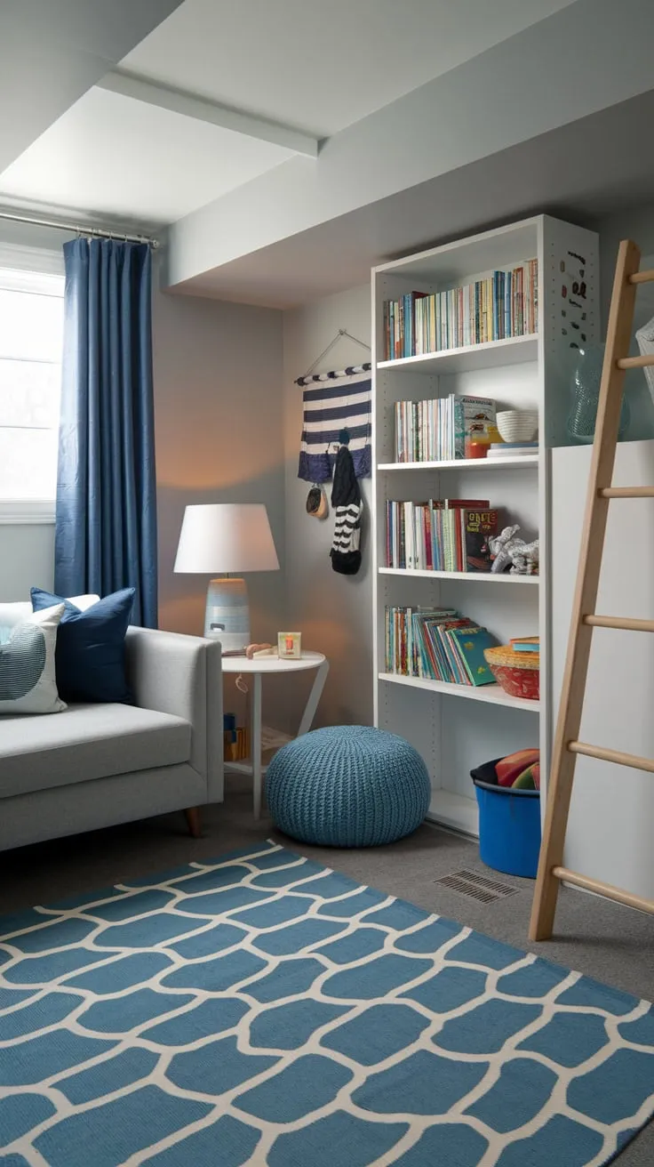 Stylish Modern Basement Playroom with Cozy Accents